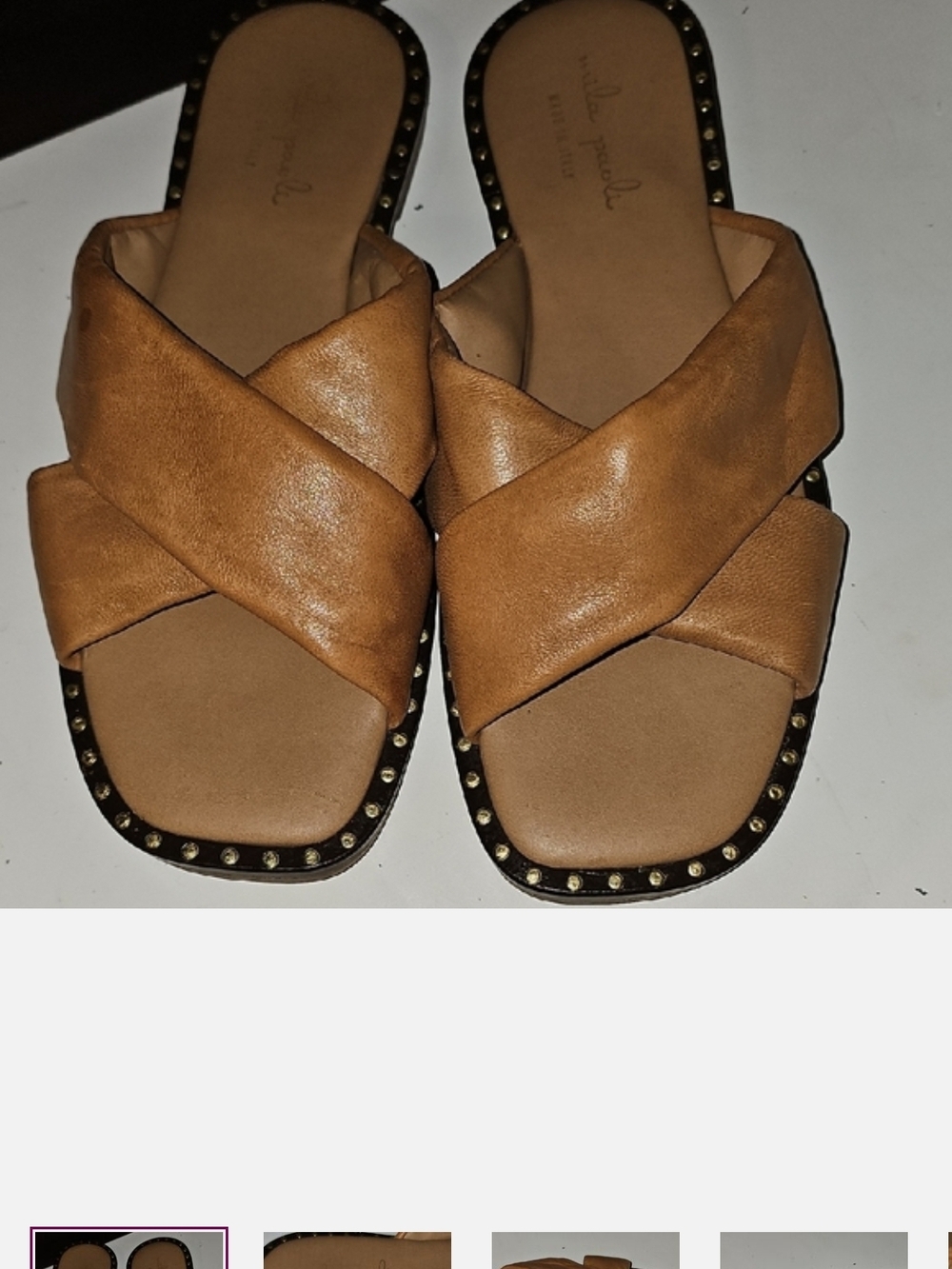 Mila Paoli Tan Crisscross Stud Slide Sandals Distressed Leather.